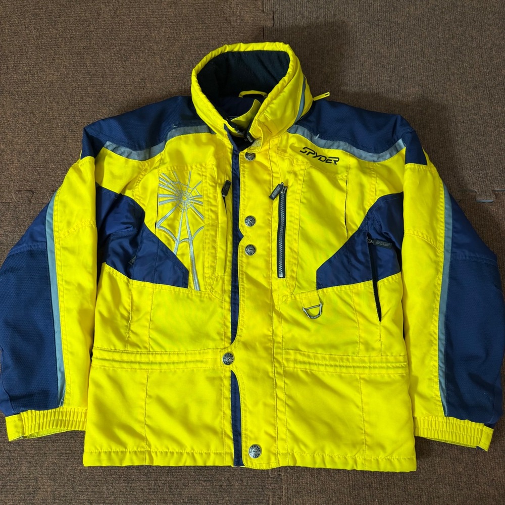Spyder Kids Ski Jacket Yellow Navy Blue Spider Web Winter Coat Reflective Trim